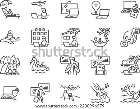 Workation line icon set. The icons included staycation, remote workplace, work from anywhere, WFH, and more.