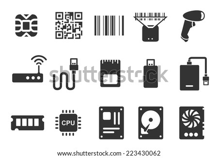 Electronic vector illustration icon set. Included the icons as chip, barcode, scan, digital, technology, hardware and more.