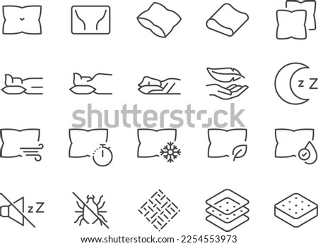 Pillow icon set. Included the icons as sleep, sleepers, support, memory foam, anti allergen, and more.