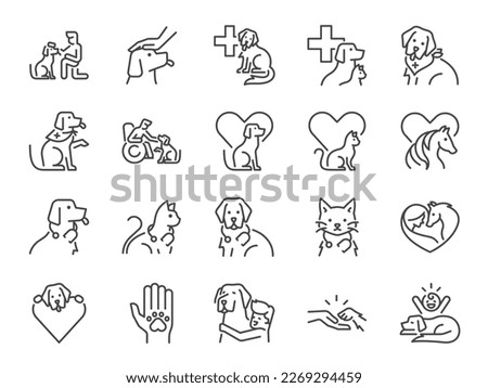 Pet therapy icon set. It included icons such as animal assisted, mental, health, medical, rescue dog, clinic, and more.