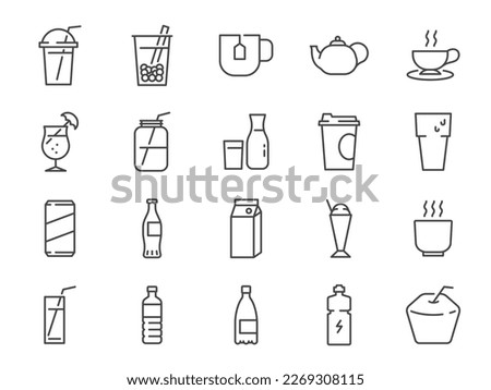 Drink and beverage icon set. It included icons such as water, soda, tea, coffee, juice, mineral water, and more.