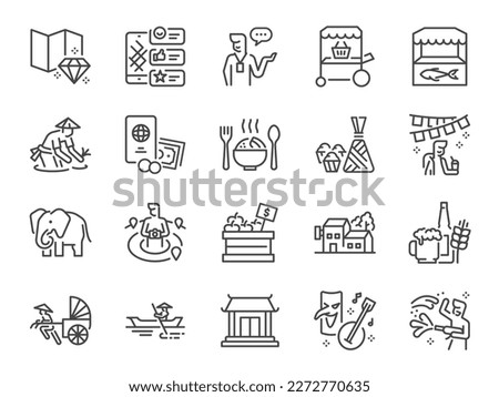 Asian domestic tourism icon set. It included icons such as local tourism, travel, tour, local guide, Southeast Asia, cultural, and more.