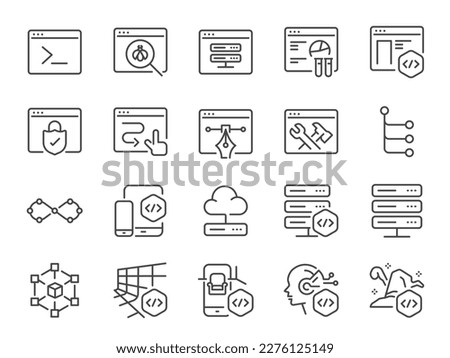 Software development icon set. It included icons such as code editor, coding, mobile app development, front end dev, and more.