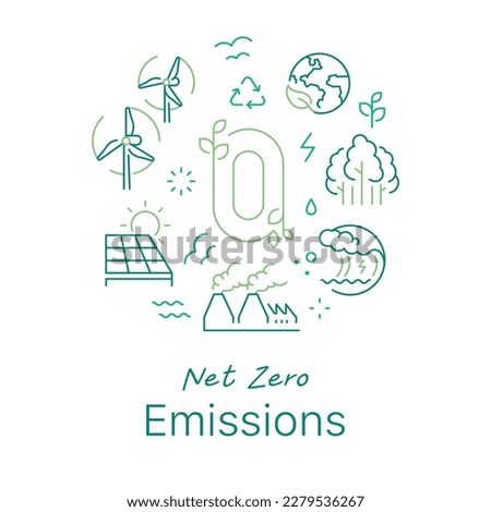 Net zero emissions concept vector illustration. Line art style light background design for Article, Web page, Banner, Poster, Print ads, etc.