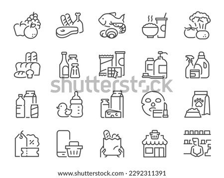 Grocery types icon set. It included Grocery shop, store, super market, mart, flea market, and more icons.
