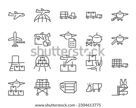 Air freight icon set. It included the shipping, plane, container, flight, cargo, and more icons.