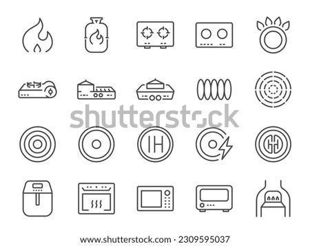 Cooker and flame icon set. It included fire, stoves, cooking hobs, hob, microwave and more icons. Editable Stroke.