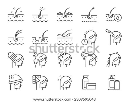 Hair care icon set. It included shampoo, scalp, conditioner, hair treatment, washing and more icons. Editable Stroke.