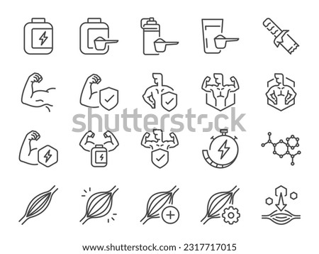 Whey protein icon set. It included muscle, strength, bodybuilding, fitness, and more icons. Editable Vector Stroke.