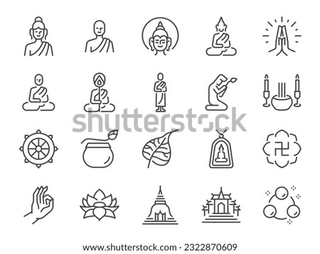 Buddhism icon set. It included monk, Buddha, Buddhist, temple, and more icons. Editable Vector Stroke.