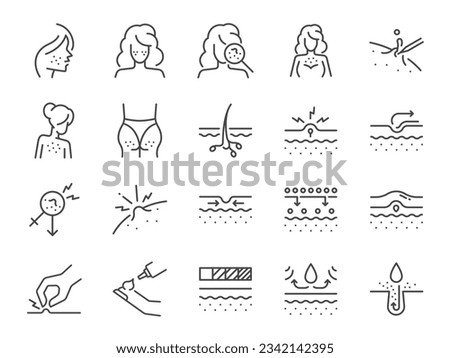 Acne icon set. It included pimple, facial, zits, inflammation and more icons. Editable Vector Stroke.