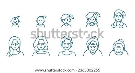 Female portrait at different ages, preschooler, kid, primary school, senior school, teenager, young, elderly illustration life cycle concept. Editable Vector Stroke.