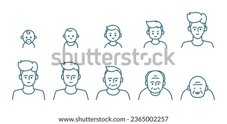 Male portrait at different ages, preschooler, kid, primary school, senior school, teenager, young, elderly, illustration life cycle concept. Editable Vector Stroke.
