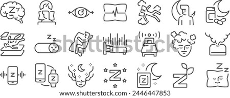 Sleep icon set. It includes sleepy, asleep, dream, deep sleep, sleeping, and more icons. Editable Vector Stroke.
