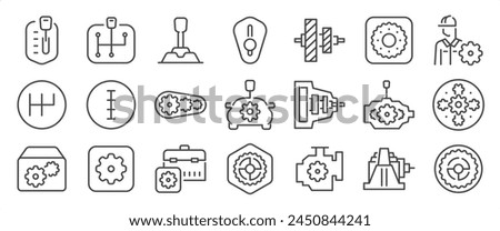 Gearbox icon set. It includes process, gear, gears, manual transmission, automatic, transmission shaft, case,  and more icons. Editable Vector Stroke.