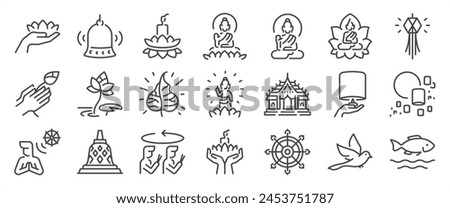 Vesak icon set. It includes Buddha, Buddha Purnima, Buddha Jayanti, Buddhism, Dharma, and more icons. Editable Vector Stroke.