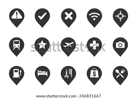 Map Pins vector illustration icon set. Included the icons as restaurant, shop, airport, wifi, salon, hotel and more.