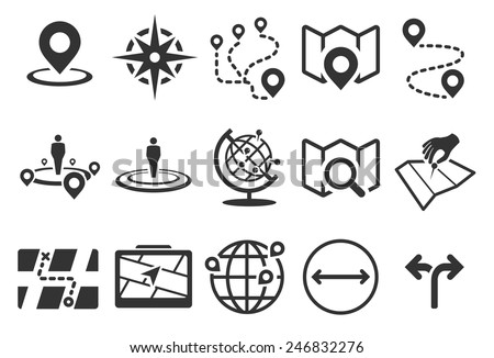 Map vector illustration icon set. Included the icons as pin, nearby, direction, position, ways, navigation and more.