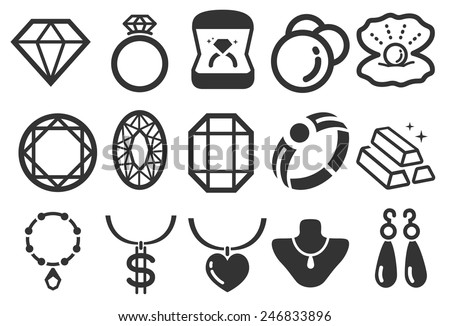 Jewelry vector illustration icon set. Included the icons as gem, ring, diamond, pearl, necklace, gold and more.