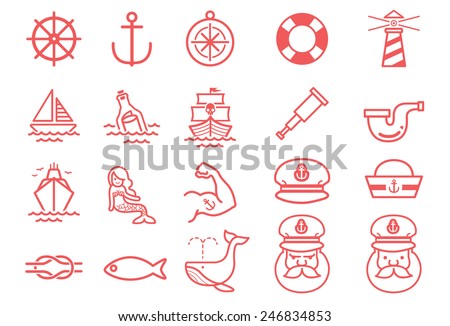 Nautical vector illustration icon set. Included the icons as captain, sailor, whale, sea, ship, lighthouse and more.