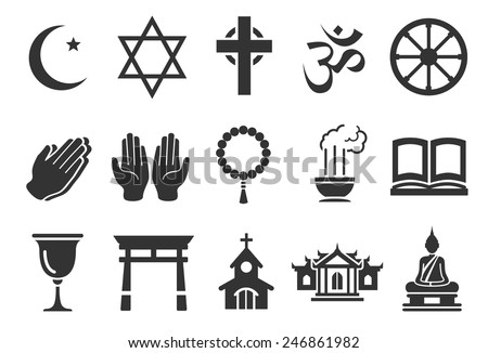 Religious vector illustration icon set. Included the icons as dogma, pray, religion, Buddhism, Christ, Islamic and more.