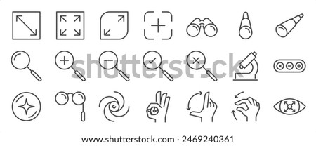 Zoom icon set. It includes expand, focus, maximize, stretchy, stretch, and more icons. Editable Vector Stroke.