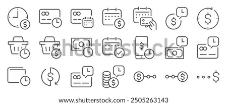 Pay later icon set. It includes installment, payment, due date, wishlist, time to pay, and more icons. Editable Vector Stroke.