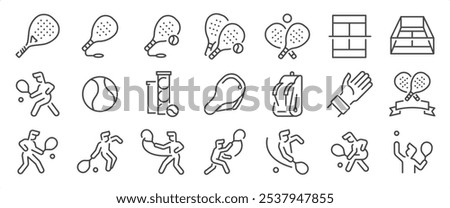 Padel tennis out icon set. It included contexts such as padel tennis, racket, paddle, player, ball, playing, and more. Editable Vector Stroke.