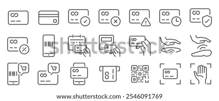 Credit card and payment icon set. It included contexts such as pay, pay later, pay by palm, buy, scan, and more. Editable Vector Stroke.