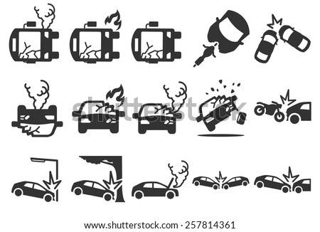 Car crash insurance vector illustration icon set. Included the icons as broken, fire, smoke, accident, death, danger and more.