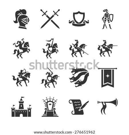 The middle ages vector illustration icon set. Included the icons as medieval, knight, dragon, castle, throne, game and more.