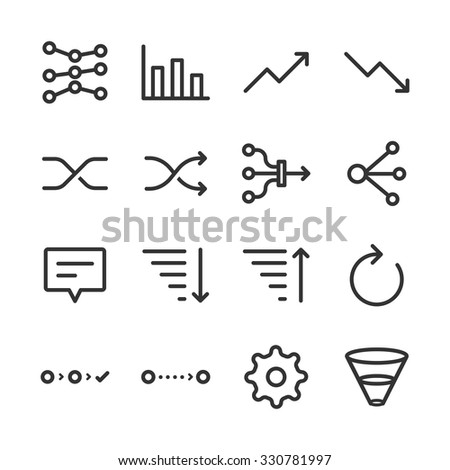 Analytics icons set. Included the icons as filter, sort, refresh, graph, navigation, flow and more.