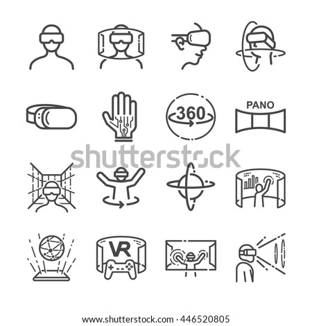 Virtual Reality gaming Icons. Included the icons as VR, game, simulator, futuristic, screen, view and more.