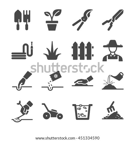 Gardening icons. Included the icons as garden, gardener, planting, tree, grass, fence and more.