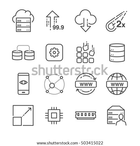 Hosting and server related line icons set 1. Included the icons as big data, transfer, transaction, resize, web, online and more.