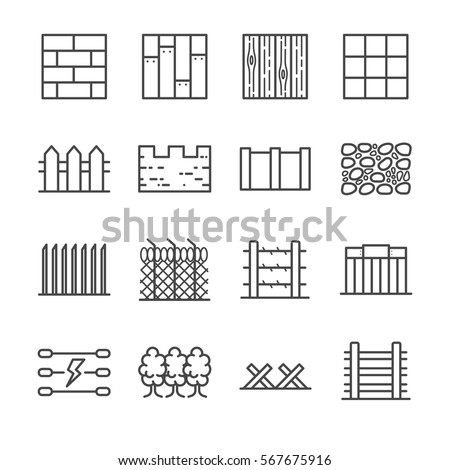 Wall and fence line icon set. Included the icons as brick, wall, wood, tree, electricity, Barbed Wire and more.