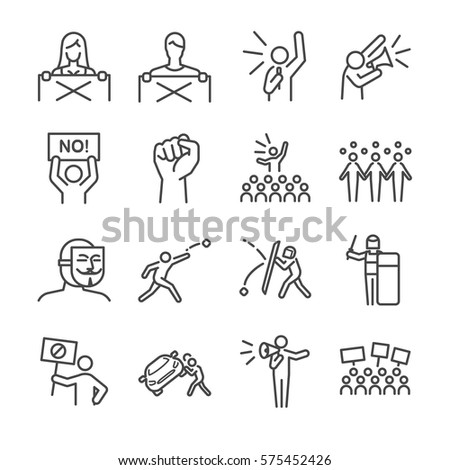 Protest and resist line icon set. Included the icons as mob, protest, riot, resist, people, police and more.