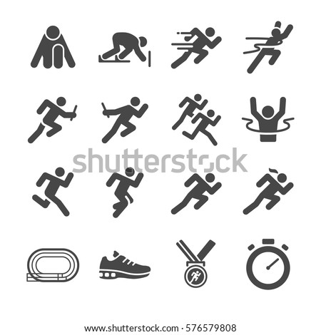 Running man icon set. Included the icons as run, sprint, start, watch, win, goal and more.