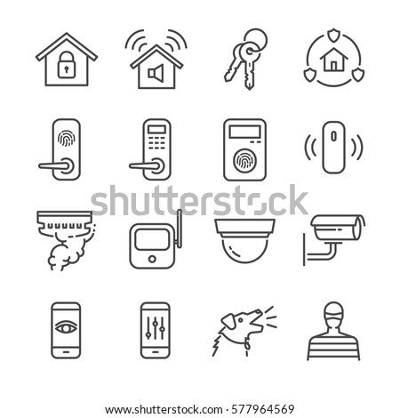 Home Security line icon set. Included the icons as door lock, dog, thief, key, burglar alarm, cctv and more.