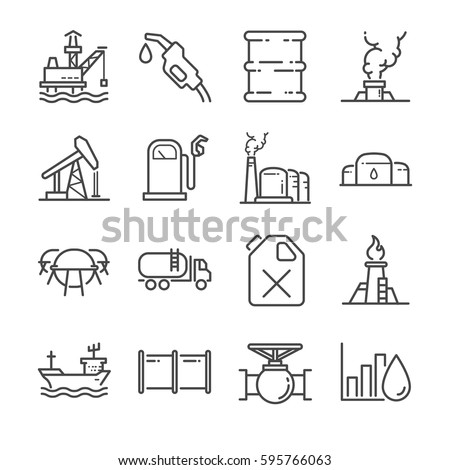 Oil line icon set. Included the icons as tank, pipe, oil rig, oil wells, fuel, storage and more.