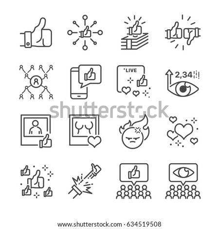 Social network related vector line icon set. Contains such icons as like, live broadcasting, share, number of views and more. 