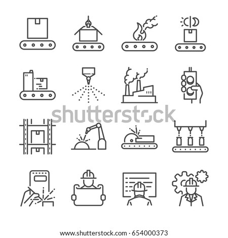 Manufacturing line icon set. Included the icons as process, production, factory, packing and more.