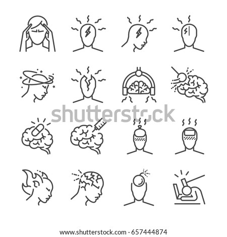 Headache line icon set. Included the icons as Tension headaches, Cluster headaches, Migraine, brain symptom and more.