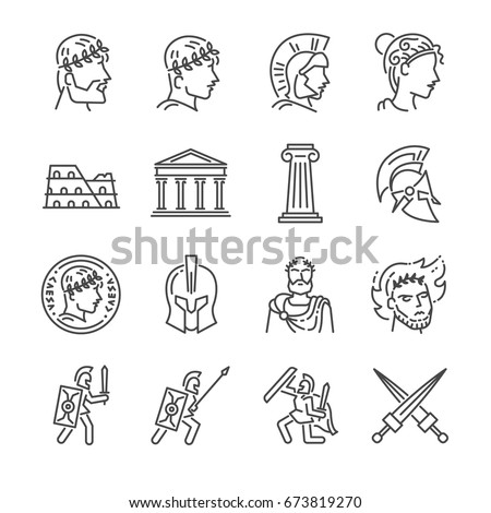 Roman empire line icon set. Included the icons as soldier, column, coliseum, sanctuary, emperor and more.