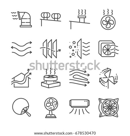Airflow line icon set. Included the icons as airflow, turbine, fan, air ventilation, Ventilators and more.