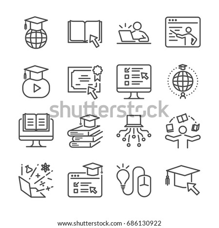 Online education line icon set. Included the icons as e-learning, books, student, course, school and more.