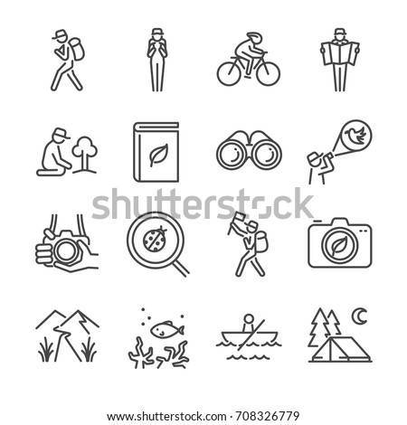 Eco tourism line icon set. Included the icons as traveler, camera, map, tourist, view, bird watching, camping and more.