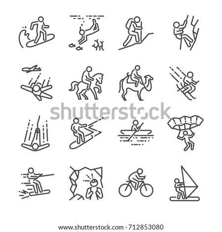 Travel activities line icon set. Included the icons as sailing, skiing, parachute
, horse riding, biking, cycling and more.