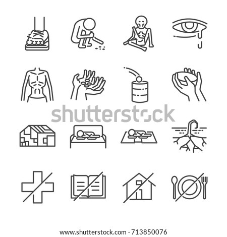 Destitution line icon set. Included the icons as scraggy, skinny, starving, homeless
, beggar, poor and more.