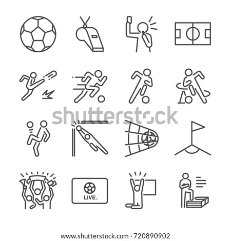 Soccer line icon set. Included the icons as football, ball, player, game, referee, cheer and more.